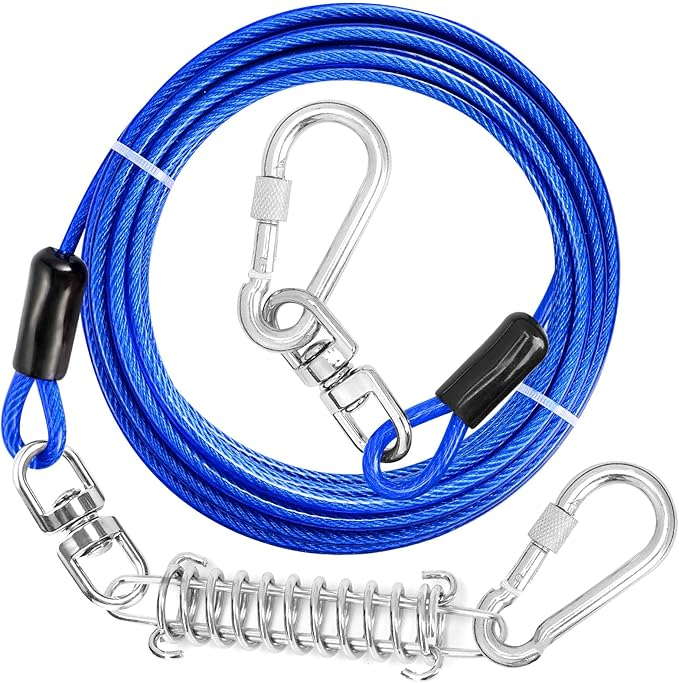 Jenico Dog Tie Out Cable - 10/15/20/30/40/50/70/100/150FT Runner Cable with Swivel Hook and Shock Spring, Outdoor and Camping Dog Leash Run Tether for Small to Medium Pets Up to 500 LBS