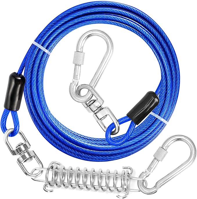 jenico Dog Tie Out Cable, 10/15/20/30/40/50/70/100/150FT Runner Cable with Swivel Hook and Shock Spring, Dog Leash Run Tether for Yard Outdoor and Camping,for Small to Medium Pets Up to 500 LBS