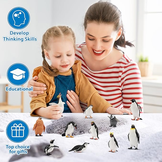 Toymany 12PCS Realistic Penguin Figurines, Plastic Polar Antarctic Animal Figures Set with Penguin Cub, Easter Eggs Cake Toppers Christmas Birthday Gift for Kids Toddlers