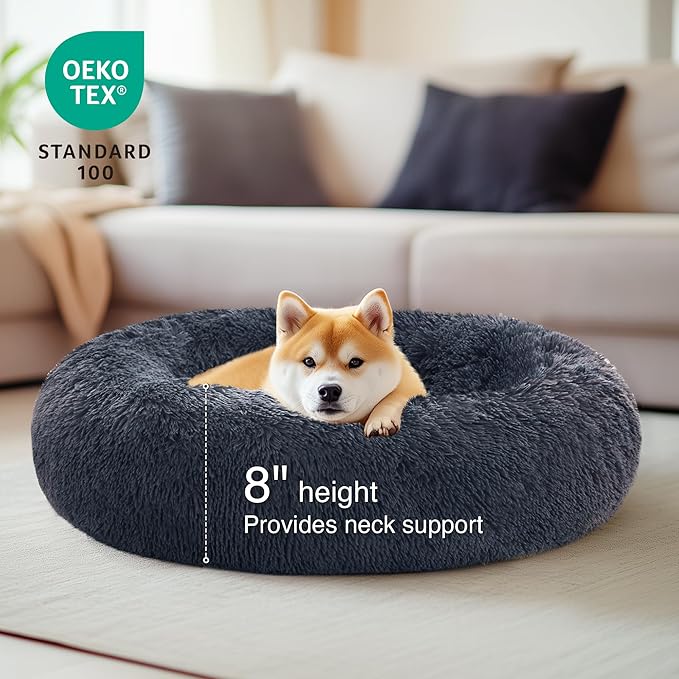 Love's cabin Calming Dog & Cat Bed, Cat Bed for Indoor Cats,Anti-Anxiety Donut Round Dog Bed,Fluffy Faux Fur Washable Bed for Small Medium Pet,Beige,Bluish Grey,30"