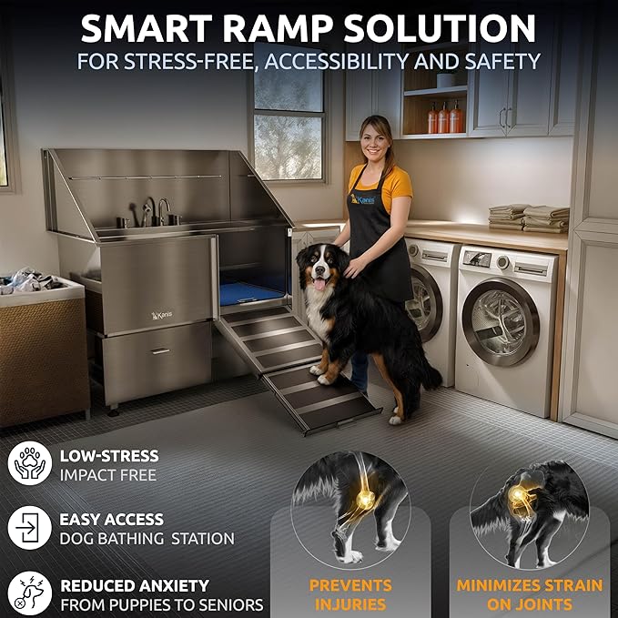 KANIS Professional Dog Washing Station - 304 Stainless Steel Pet Wash Sink & Grooming Bath Tub for Home with Ramp, Shower, Floor Grate, Storage Drawers, and Faucet for Large, Medium & Small Pets