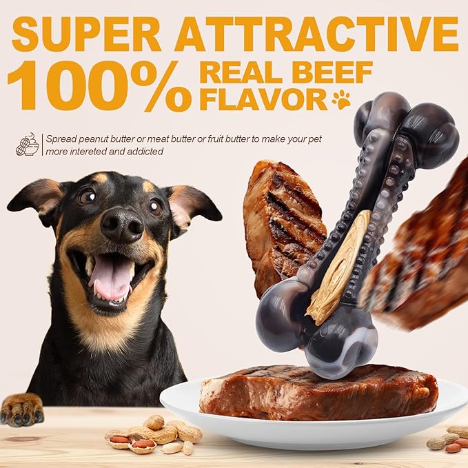 Dog Chew Toys for Aggressive Chewers, Tough Chew Toys for Dogs Large Small Medium, Indestructible Dog Bone Toy For Chewer, Durable Nylon for Puppy Dogs Teething Toy to Keep Them Busy,Beef Flavor Gift