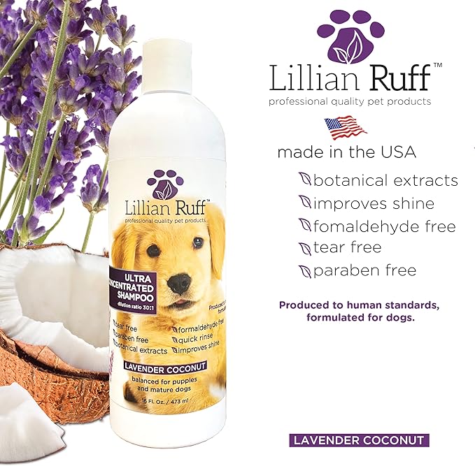 Lillian Ruff High Concentrate Professional Grooming Shampoo for Dogs with Hydrating Essential Oils – 30:1 Concentration for Bathing System - Clean, Condition, & Deodorize Dry, Sensitive Skin (16oz)