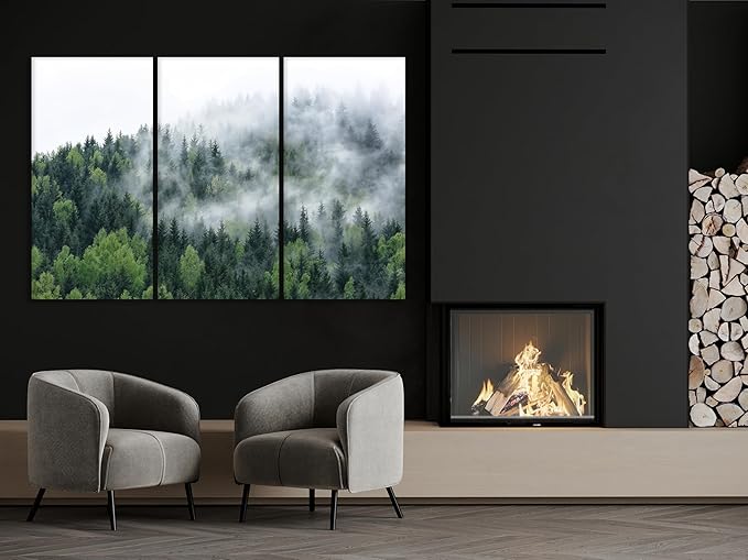 Nature Wall Art Prints - Ocean Forest Mountain Lake Canvas Landscapes - Small to Extra Large Living Room Bedroom Kitchen Bathroom Décor (Pine Trees in Fog, 55L" x 83W"- 3 Panels)