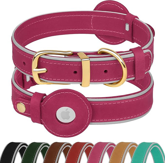 OOPSDOGGY Reflective Geniune Leather Airtag Dog Collar Soft Padded Collars for Small Medium Large Breed Dogs Puppy, 4 Sizes, 7 Colors (Pink, XLarge, 19"-24")