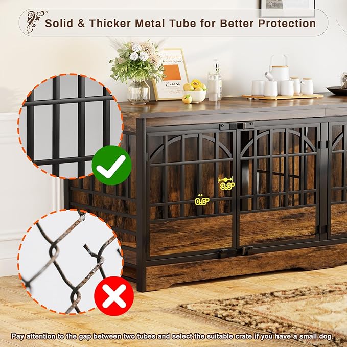 COZPAW 86 Inch Double Dog Crate Furniture for 2 Large Dogs, Decorative Dog Kennel Indoor TV Stand, Heavy Duty Wooden Dog Cage for Large Medium Dogs Sized Dog Pet House with Divider (Brown)