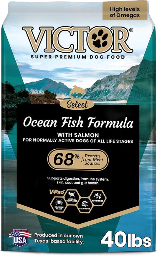VICTOR Super Premium Dog Food – Select Ocean Fish Formula with Salmon – Omega-3 and Omega-6 Enriched Gluten-Free Dry Kibble for All Normally Active Dogs of All Life Stages, 40lbs