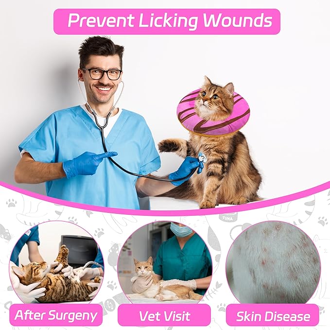 Cat Cone Collar Soft, Adjustable Cat Recovery Collars to Stop Licking, Cute Donut E Collar After Surgery, Anti-Lick Wound Healing Elizabethan Collar for Kittens (Pink, Large)
