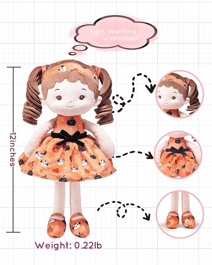 Soft Baby Doll Toys (12''), My First Baby Rag Doll for 1 Year-Old Girl Birthday Gift, Christmas Plush Toys Gift for Toddler Kids Infants-Halloween Special-Pumpkin