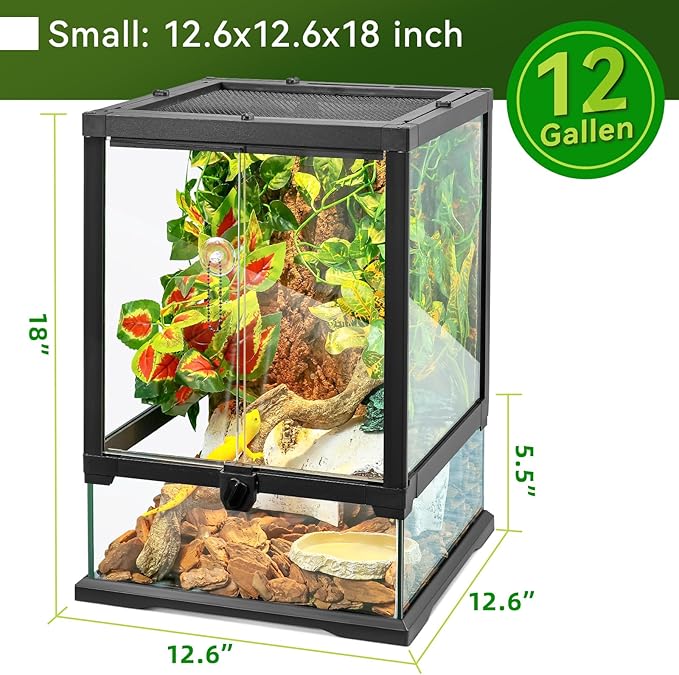 18x12x12 12 Gallon Glass Reptile Tank Front Opening Terrarium Suitable for Leopard Geckos, Snakes Tree Frogs Chameleons Watertight Base, Ventilated Metal Mesh Top, Pre-Drilled Cable Holes