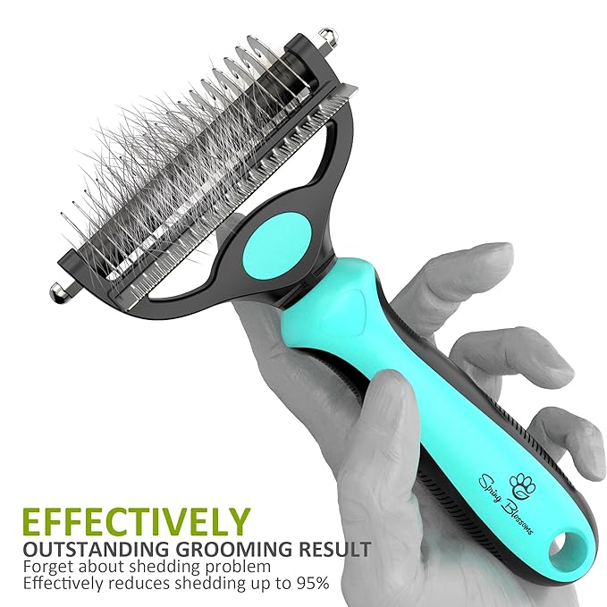 Spring Blossoms-2 in 1 Professional Grooming Rake for Cats & Dogs-Dematting Comb for Easy Mats & Tangles Removing,Pet Brush Safe No More Nasty Shedding and Flying Hair (Cyan)