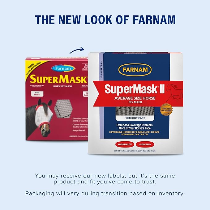 Farnam SuperMask II horse fly mask without ears, extended coverage, protects eyes from insects and debris, adjustable throat latch, Average Horse Size