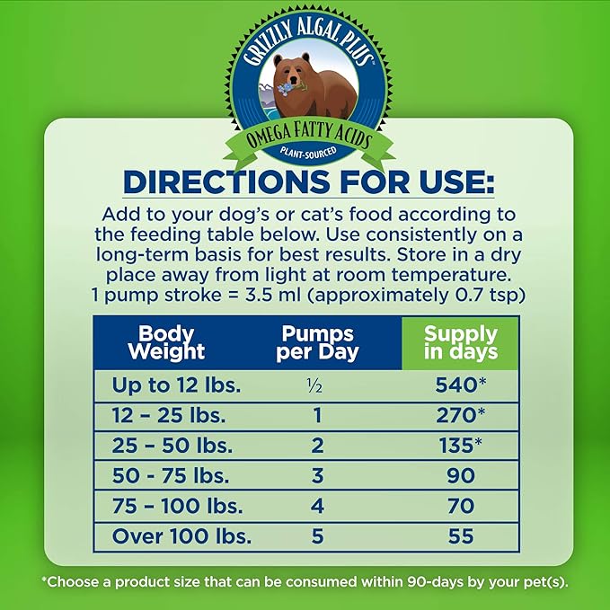 Grizzly Pet Products Algal Plus Omega 3-6-9 Food Supplement for Dogs and Cats, 32 Ounce Bottle