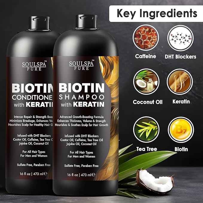 Biotin Shampoo and Conditioner Set with Keratin - Sulfate-Free Advanced Anti-Thinning, Hair Growth Shampoo and Conditioner Combo Repair Formula - with DHT Blockers, for Men & Women - 16 fl oz each
