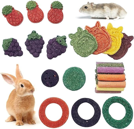 Fhiny 27 PCS Natural Bunny Chew Toys Molar Rabbit Toys Contain Timothy Grass Pumpkin Beets Purple Potatoes Carrot Hamster Treats for Chinchillas Guinea Pigs Mice Gerbils Teeth Grinding