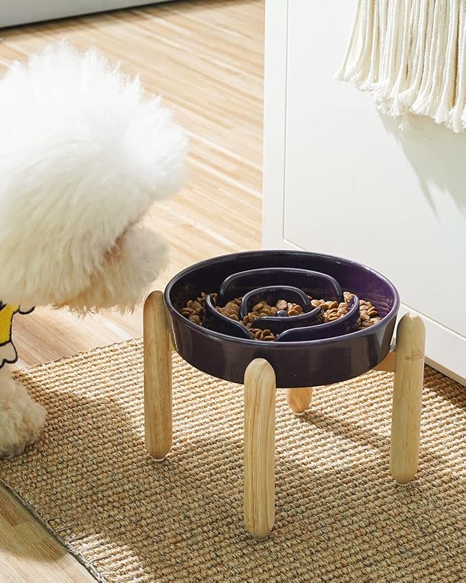 LE TAUCI Ceramic Slow Feeder Dog Bowls Elevated, 3 Cup Raised Bowl with Wooden Stand for Medium Large Breed, Slow Down Eating, Puzzle Dog Food Bowl, Maze Purple