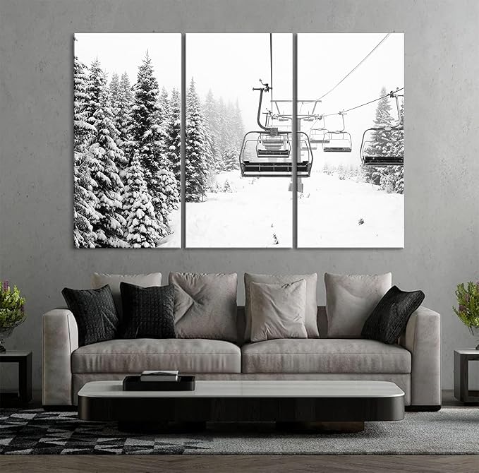 Nature Wall Art Prints - Ocean Forest Mountain Lake Canvas Landscapes - Small to Extra Large Living Room Bedroom Kitchen Bathroom Décor (Ski Lift on Snowy Mountain, 35L" x 53W" - 3 Panels)