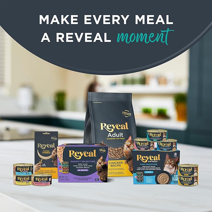 Reveal Natural Wet Canned Cat Food, Limited Ingredient, Grain Free, Protein with No Artificial Additives, Fish Variety in Broth (20 x 2.47 oz Cans)