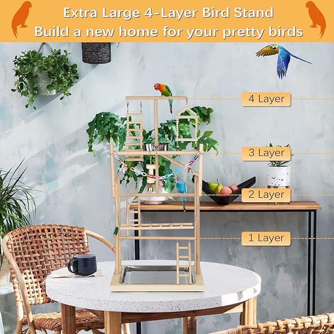 Pet Parrot Playstand Parrots Bird Playground Bird Play Stand Wood Perch Gym Playpen Ladder with Feeder Cups Bells for Cockatiel Parakeet (4 Layers)