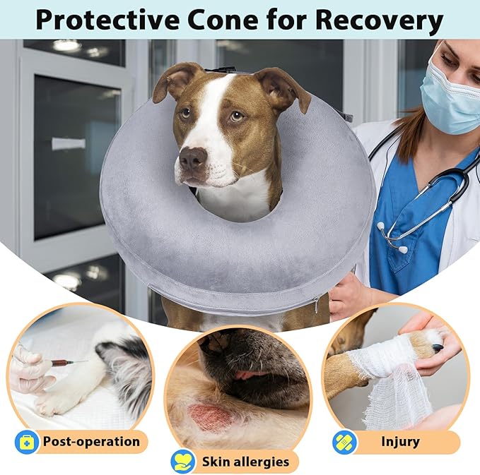 Crazy Felix Dog Donut Pillow Cone Collar Alternative After Surgery Soft Cone to Stop Licking Inflatable Dog Head Collar for Small Medium Dogs Bulldog Pug
