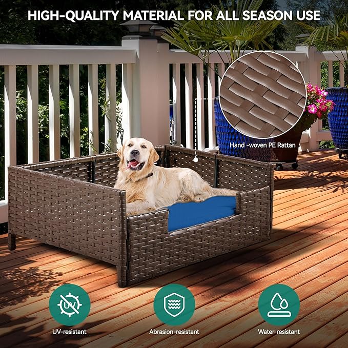 YITAHOME Rattan Dog Sofa Bed with Cushion,Wicker Pet Bed Sofa Couch Indoor Outdoor Water Resistant for Large Medium Small Dogs Cats (34.6''L*23.6''W*11.8'',Blue)