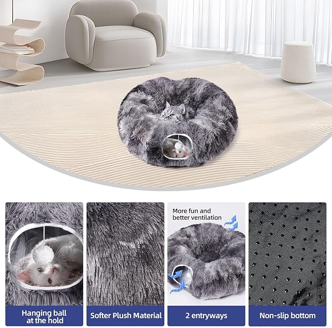Odoland Cat Tunnels for Indoor Cats with Fluffy Plush Central Cat Couch and 20 Cat Toys, Tunnel Bed for Cats with Hanging Ball, Detachable Soft Mat and Variety Kitty Toy Set, Grey