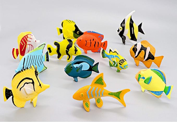 HAPTIME 12PCS Tropical Fish Toys Set, Pastic Cute Sea Life Creatures Learning Educational Toy Party Favors for Boys, Girls, Kids