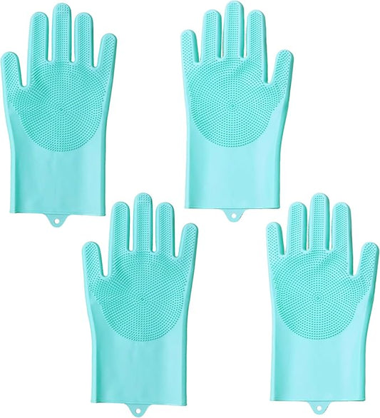 Pet Grooming Gloves，Heat-Resistant Silicone Gloves with High-Density Teeth for Enhanced Massaging and Bathing of Dogs and Cats (Green, 2 Pair)