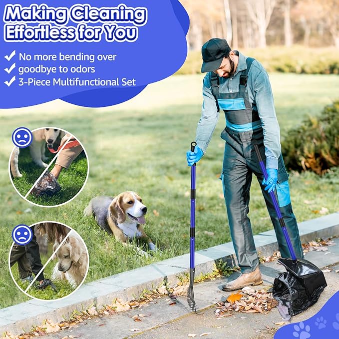 Lukovee Dog Pooper Scooper, 37.4" Long Adjustable Metal Handle Swivel Bin & Rake & Spade Kit with 20 Poop Bags, Portable Dog Non-Breakable Poop Scooper for Gravel Yard Lawn Grass, Blue