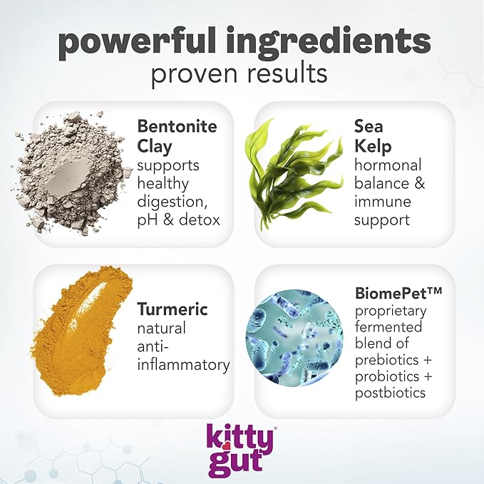 KittyGut 3-in-1 Organic Cat Probiotics & Postbiotic Supplement Powder- Made in USA-Probiotics for Cats Promote Gut Health and Cat Digestive Support, Diarrhea and Vomiting (90g)