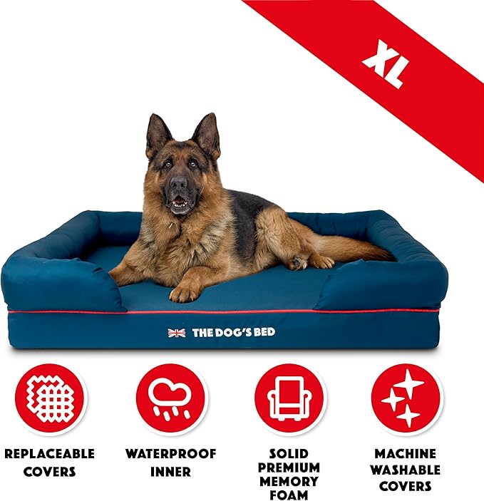The Dog’s Bed Orthopedic Dog Bed XL Blue Oxford with Red Trim UK Flag Dog Bed 43.5x34, Memory Foam, Pain Relief: Arthritis, Post Surgery, Lameness, Veterinary Approved, Waterproof Washable Cover