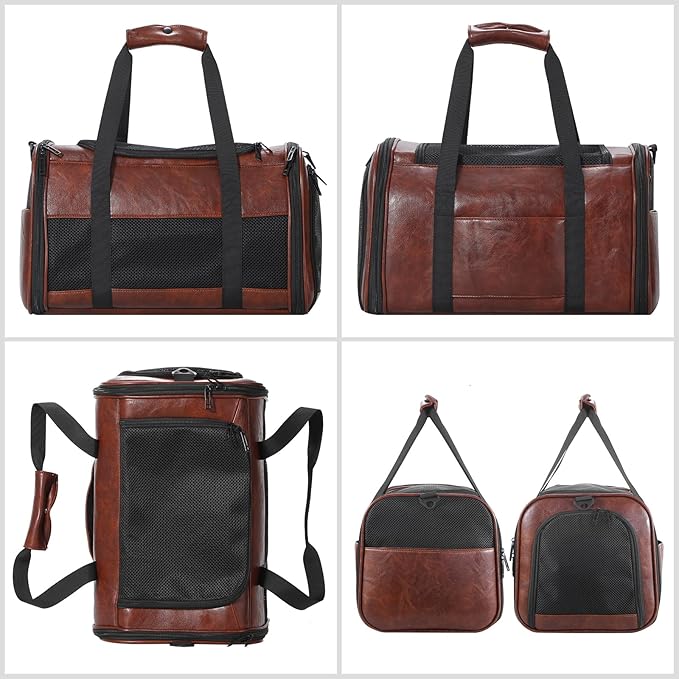 Fashion Leather Dog Carrier, Airline Approved Cat Carrier Soft Sided Pet Bag Carrier Purse for Puppy Kitten Small Animals Coffee