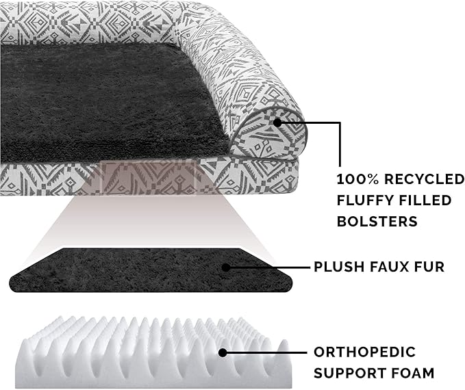 Furhaven Orthopedic Dog Bed for Large/Medium Dogs w/ Removable Bolsters & Washable Cover, For Dogs Up to 55 lbs - Plush & Southwest Kilim Woven Decor Sofa - Boulder Gray, Large