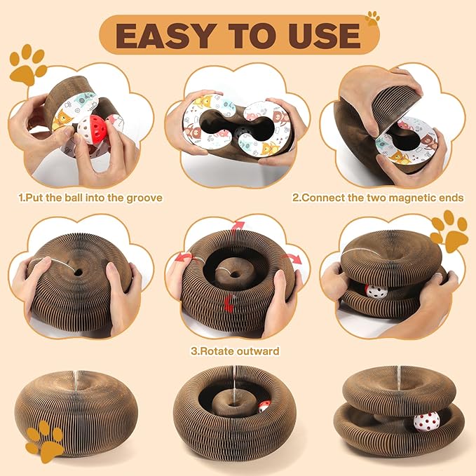 Magic Organ Cat Scratcher Board with 3 Balls, Foldable Recyclable Accordion Cats Toy with Ball and Track Adventure, Cat Scratching Pad, Retractable Reversible Furniture Protector(Brown)