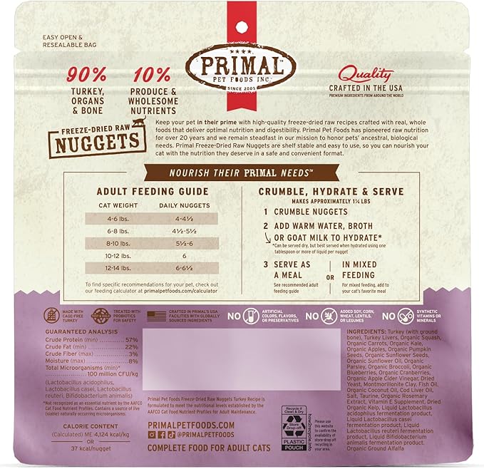 Primal Freeze Dried Raw Cat Food Nuggets Turkey, Complete & Balanced Meal or Topper, Premium, Healthy, Grain Free, High Protein Raw Cat Food with Probiotics (5.5 oz)