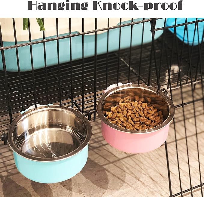 HERCOCCI Dog Crate Bowl, Removable Stainless Steel Pet Kennel Cage Hanging Food Bowls and Water Feeder Coop Cup Prevent Overflow for Puppy, Medium Dog, Cat, Rabbit, Ferret (2PCS)