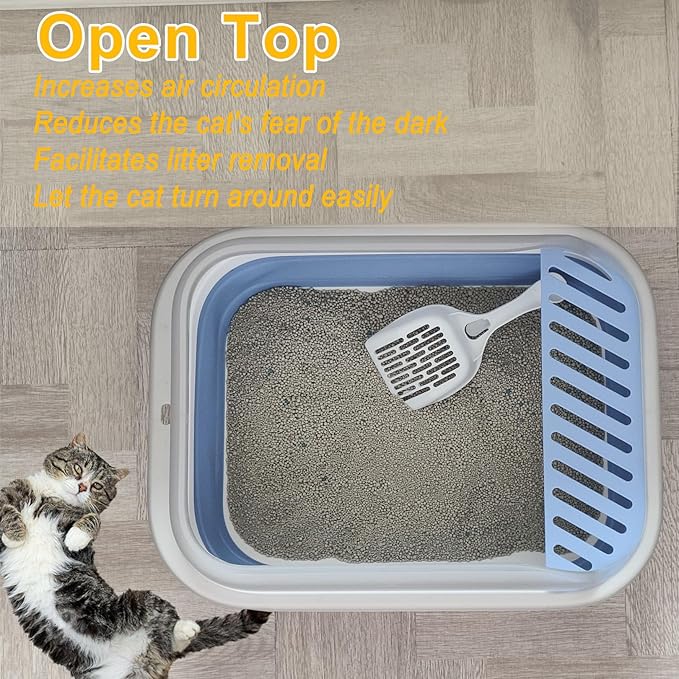 Open Cat Litter Box with High Side, Anti-Splashing Kitty Litter Pan Collapsible Travel Litter Potty Pan Scoop Leak-Proof Pedal Cat Toilet No Smell Easy Clean (M Blue High Side)