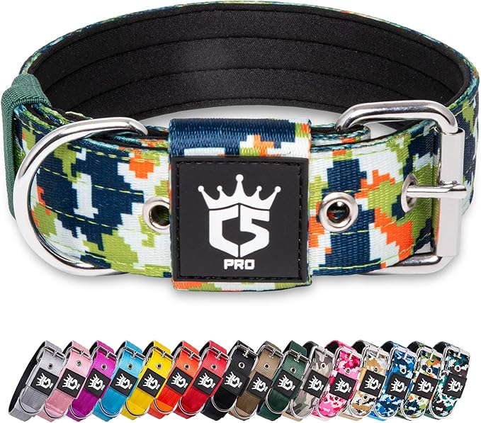 TSPRO Tactical Dog Collar 1.5 Inch Wide Thick Dog Collars with Heavy Duty Metal Buckle, Durable, Strong, Adjustable for Medium to Large Dogs (Camo Green L)