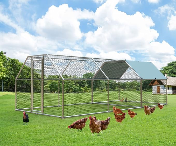 4ever2buy 1.26’’ Large Metal Chicken Coop Run Walk in, Chicken Pen for Chickens, Outdoor Chicken Runs Coops, Flat Roofed Chicken Runs for Yard with Anti-Ultraviolet Cover (9.2’L x18.7’Wx 6.4’H)