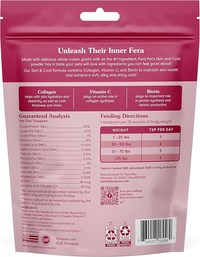 Fera Pets Goat Milk Topper - Cat & Dog Skin and Coat Supplement with Collagen, Biotin & Vitamin C - Helps Maintain Normal Skin Moisture - Promotes a Shiny Coat - for Picky Eaters - 60 TSP