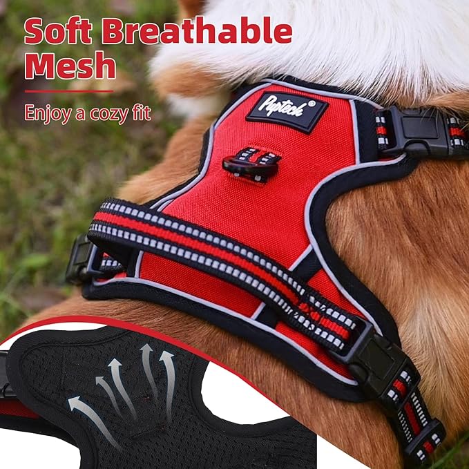 PUPTECK No Pull Dog Harness for Large, Adjustable Reflective Dog Harness with Handle Easy Control, Comfortable Soft Padded Pet Vest Harness for Extra Large Dogs, Red XL