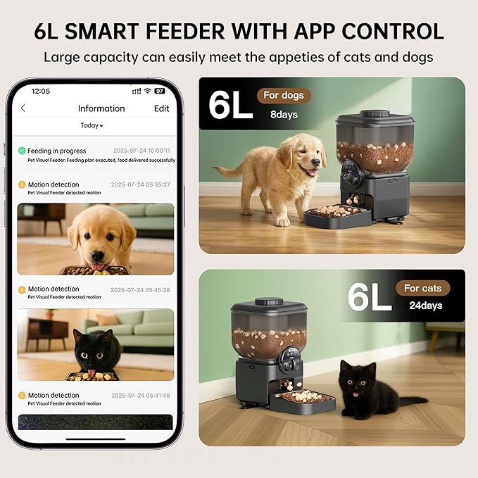Automatic Pet Feeder for Cat and Dog - 6L Auto Cats Food Dispenser with Camera - WiFi App Control Smart Feeders with Timed - Dogs Feeding Station with 15-Day Battery Life After Power Off