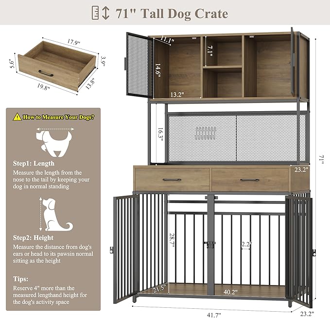 HITHOS 71" Tall Dog Crate Furniture, Indoor Dog Kennel with Hutch, 42" W Dog Cage for Large/Medium Dogs, Wood Dog Crates with 2 Storage Drawers, Heavy Duty Pet House, Rustic Brown
