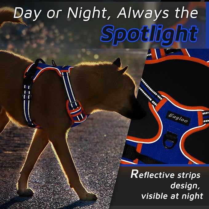 Eagloo Dog Harness for Large Dogs, No Pull Service Vest with Reflective Strips and Control Handle, Adjustable and Comfortable for Walking, No Choke Pet Harness with 2 Metal Rings, Blue & Orange, L
