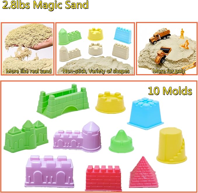 Sand Construction Kit, 2.2lbs Play Sand with Sandbox, 1 Toy Mat 8 Alloy Construction Trucks Race Tracks 10 Sand Molds Sensory Bin Toys for Toddlers Boys Girls Ages 3-8