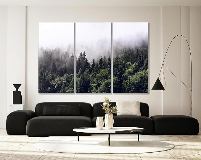 Nature Wall Art Prints - Ocean Forest Mountain Lake Canvas Landscapes - Small to Extra Large Living Room Bedroom Kitchen Bathroom Décor (Foggy Pine Forest, 60x40 Inches - 5 Panels)