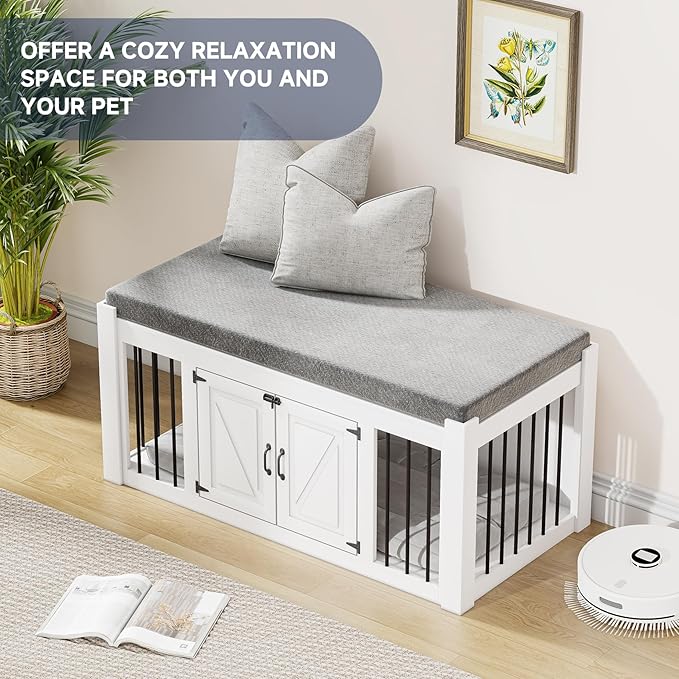Dog Crate Furniture with Padded Seat, Luxury Wooden Dog Kennel, End of Bed Bench Ottoman with Removable Cushion for Bedroom, Living Roome, White