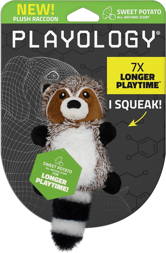 Playology Dog Toys | Plush Toy Racoon Stuffed Animal for Dogs | Small Sweet Potato Scented Toy - Easy to Clean and Made from Non Toxic Materials