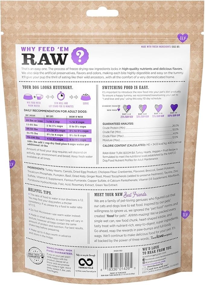 I AND LOVE AND YOU Stir and Boom Dehydrated Freeze Dried Raw Dog Food - Turkey - Grain Free, Real Meat, No Fillers, 1lb Bag