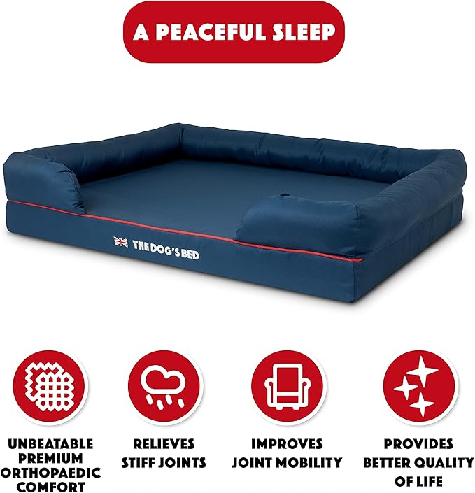 The Dog’s Bed Orthopedic Dog Bed XL Blue Oxford with Red Trim UK Flag Dog Bed 43.5x34, Memory Foam, Pain Relief: Arthritis, Post Surgery, Lameness, Veterinary Approved, Waterproof Washable Cover